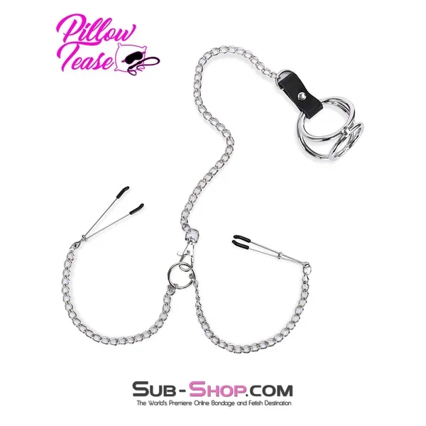 1758AR Cock and Balls Ring With Connected Tweezer Nipple Clamps