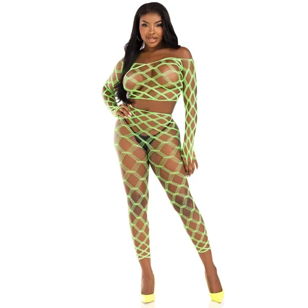 2 Pc Net Crop Top and Footless Tights – One Size – Neon Green