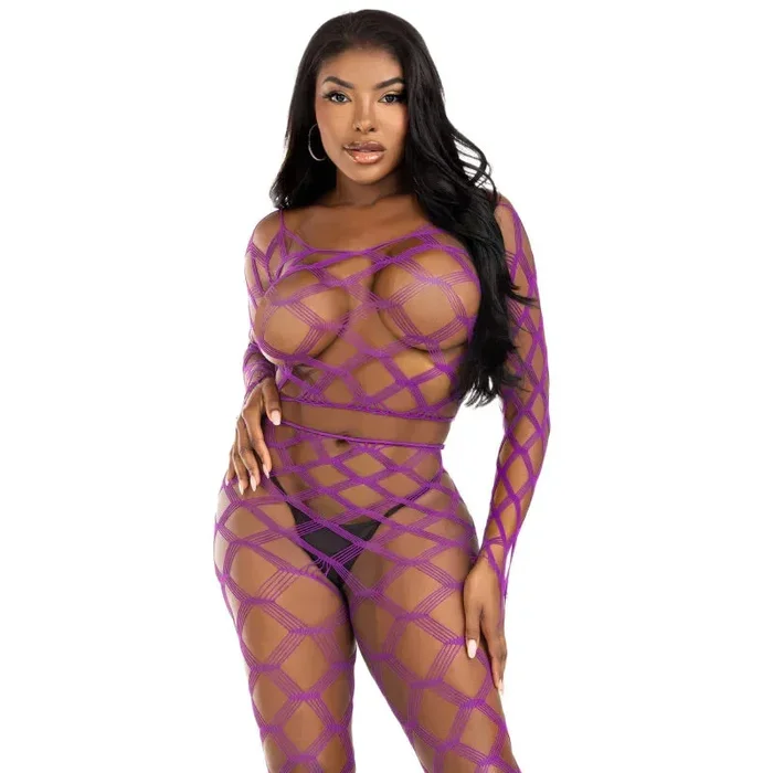 2 Pc Net Crop Top and Footless Tights – One Size – Violet