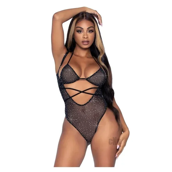 2 Pc. Rhinestone Wrap Around Bikini Top and Suspender Bodysuit – One Size – Black