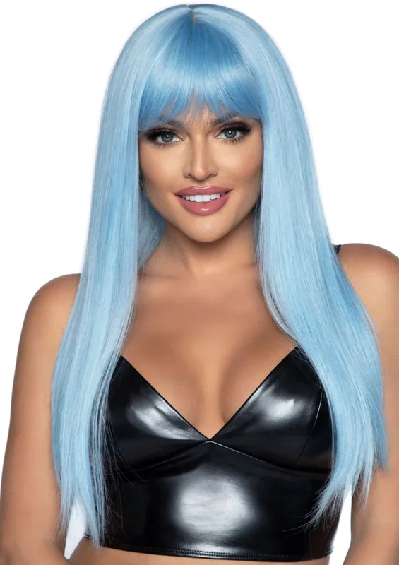 24 Inch Long Straight Blue Wig with Bangs