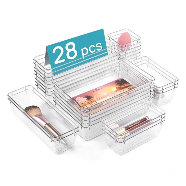 28 Pcs Clear Plastic Drawer Organizers Set, 4-Size Bathroom And Vanity Drawer Or