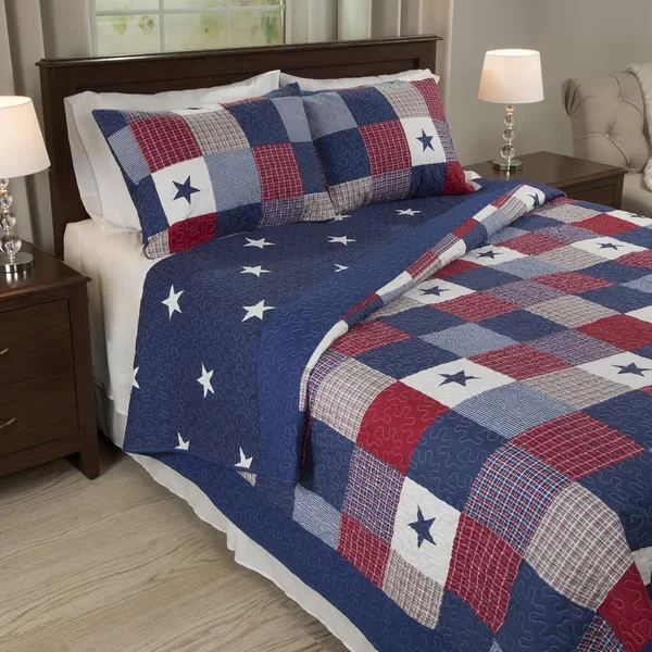 3-Pc Caroline Patriotic Quilt Microfiber Americana Stars And Plaid Patchwork B