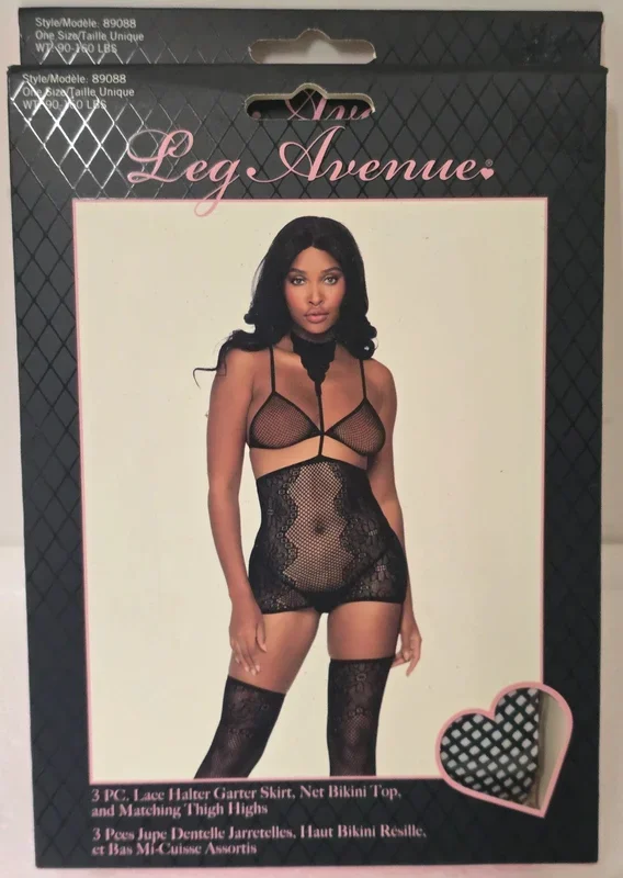 3PC. LACE HALTER GARTER SKIRT, NET BIKINI TOP & THIGH HIGHS