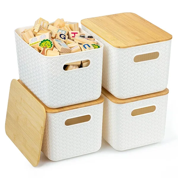 4 Packs Storage Bins With Bamboo Lids – Plastic Storage Containers With Lids Sta
