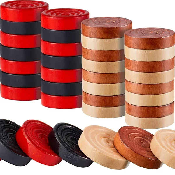 48 Pieces Wooden Checkers 1.06 Inch Wooden Checkers Pieces with Stackable R