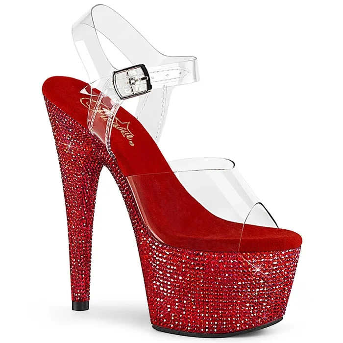 7″ Clear Ankle Strap Heel with Red Rhinestone Platform