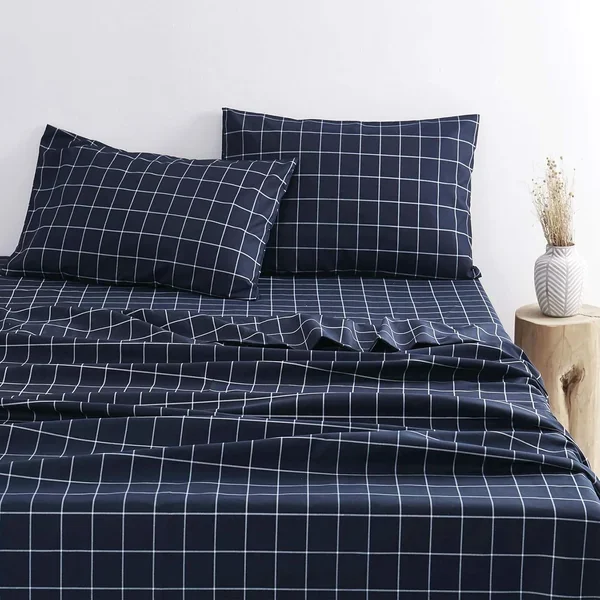 – Navy Blue Sheet Set, White Grid Plaid Geometric Pattern Printed, Soft Microf