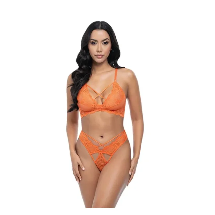 Amina Scallop Lace & Mesh Bralette w/Panty 2 pc Set – Dragon Fire Orange