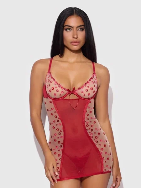 Angelina Lips Embroidery Bow Back Chemise Set – Crimson Red/Pink Dragon –