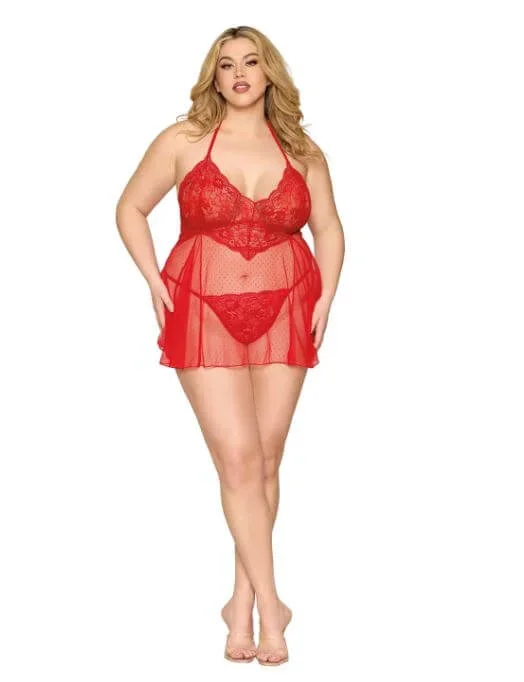 Babydoll & G-String Set – Poinsettia Q/S | Stretch Lace Bodice, Dot Mesh Skirt