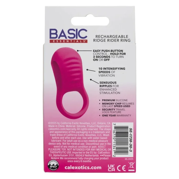 Basic Essentials Rechargeable Ridge Rider Ring – Pink