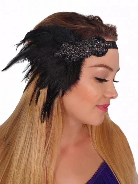 Beaded Feather Flapper Headband – Black