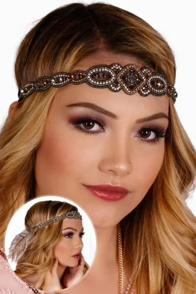 Beaded Flapper Headband with Feathers