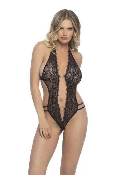 Black – Lace Crotchless Teddy w/ Rhinestone Detail – O/S