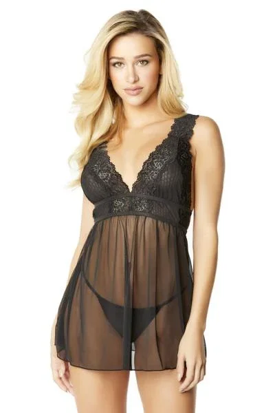 Black – Nora Mesh and Lace Babydoll with G-String –