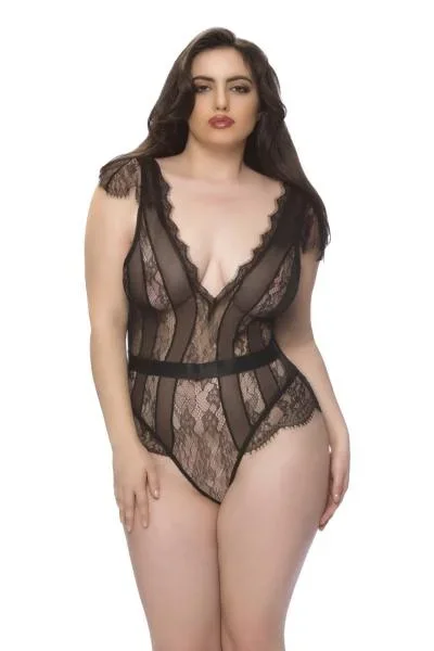 Black – Striped Panel Plunge Neck Teddy –