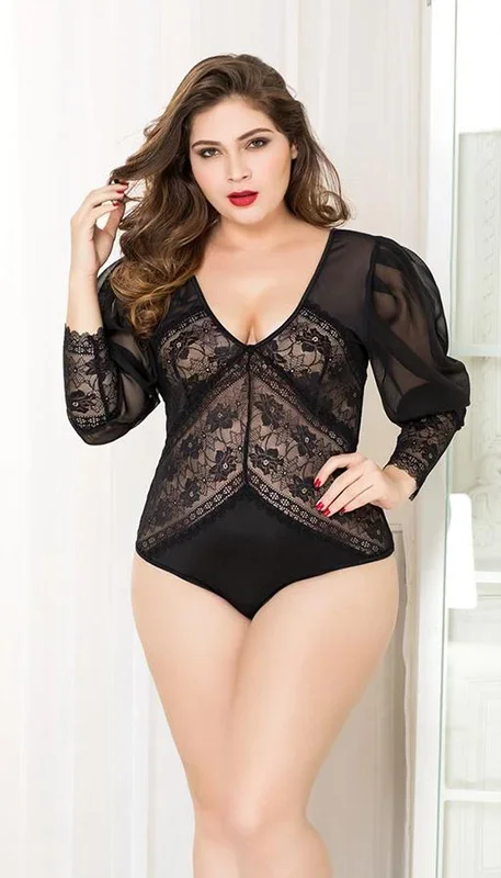 Black Lace Teddy with Sleeves – L-XL