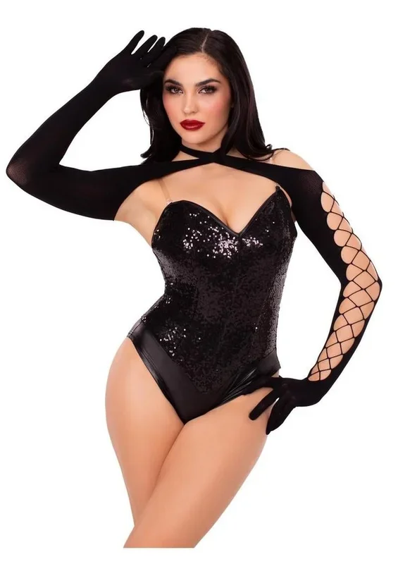 Black Net & Opaque Crossover Halter Shrug With Gloves