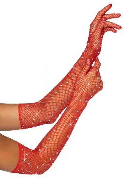 Bling Ring Rhinestone Fishnet Gloves – Red – One Size