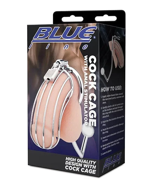 Blue Line Cock Cage with anal Stimulator – Silver