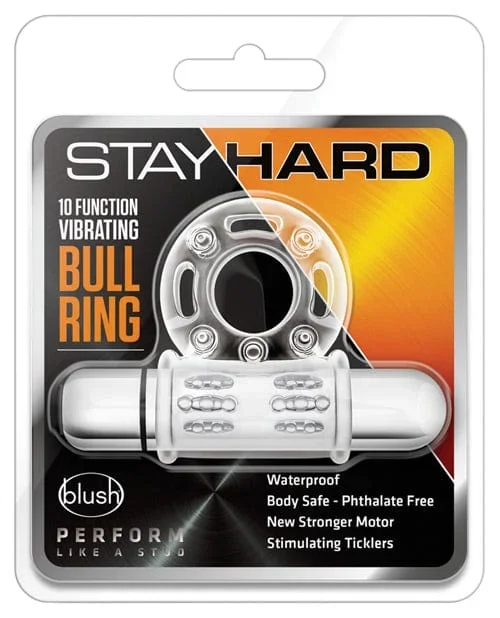 Blush Stay Hard 10 Function Vibrating Bull Ring Cock Ring – Clear