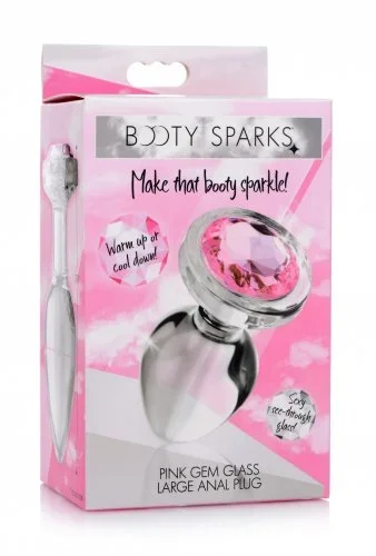 Booty Sparks Pink Gem Glass Anal Plug Large – Crystal Clear Glass Butt Plug with Dazzling Pink Gem for Temperature Play