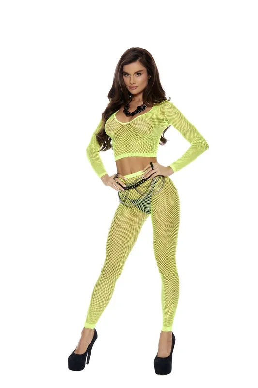 Chartreuse Diamond Net Top & Leggings Set – Festival Outfit with V-Neckline and High Waist Leggings