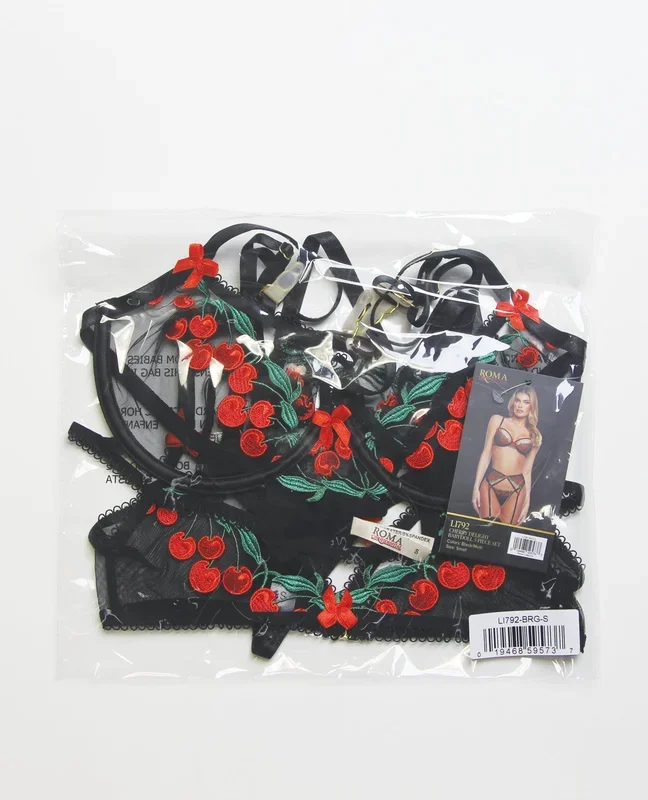 Cherry Delight Embroidered Lace and Mesh Underwire Bra w/Garter & G-String 3 pc Set – Black XL