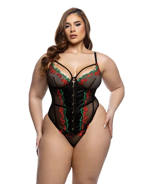 Cherry Delight Embroidered Underwire Corset w/G-String – Black 1X