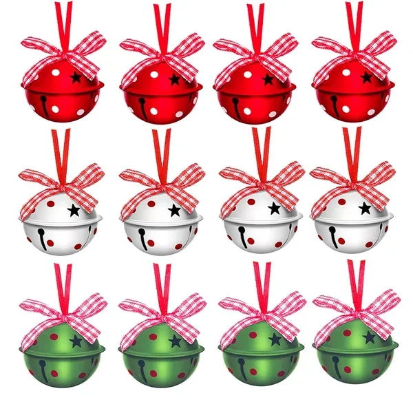 Christmas Jingle Bells 2″ Star Cutouts Metal Decorative Bells With Ribbons For