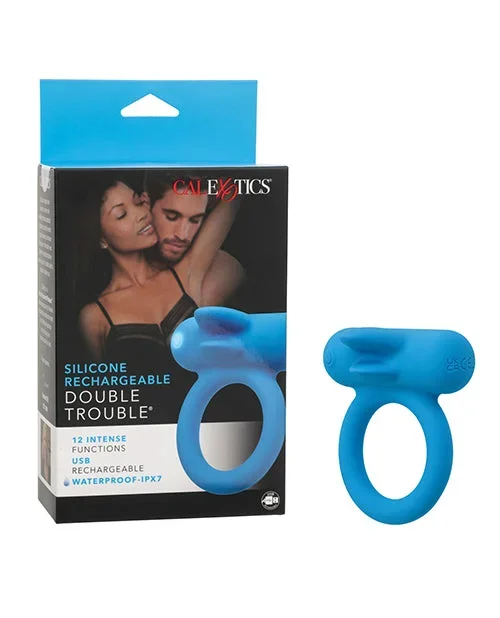 Couple’s Enhancer Silicone Rechargeable Double Trouble Enhancer with Flickering Dual Teasers – Blue