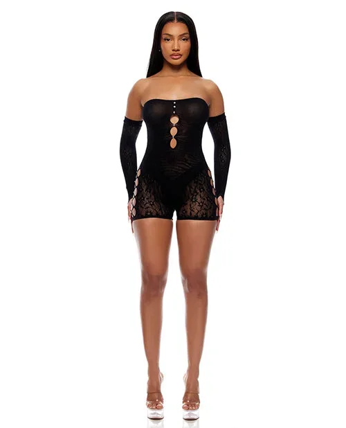 Cross Your Mind Romper Bodystocking w/Rhinestone Details & Gloves 2 pc Set – Black O/S