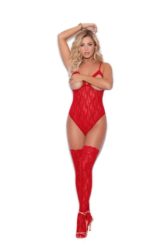 Cupless Stretch Lace Teddy with Thigh High Stockings Red O/S from Elegant Moments