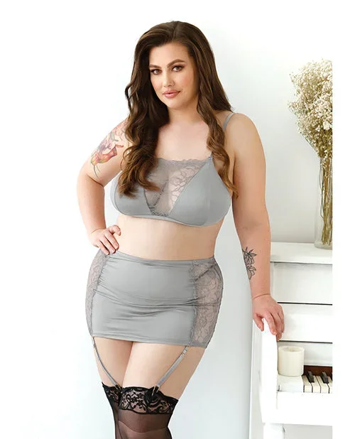 Curve Layne Lace & Microfiber Bralette w/Garter Skirt & G-String Gray1X/2X