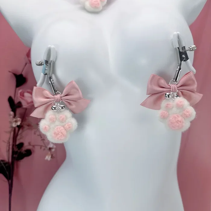 Cute Bow Plush Cat Claw Nipple Clamps With Bells