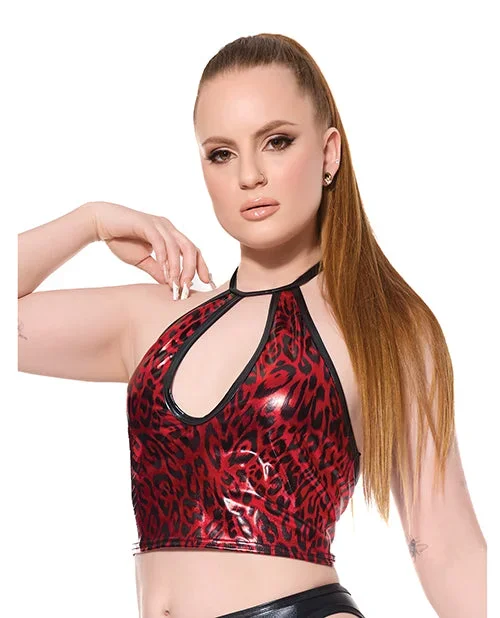 Darque Metallic Wet Look Keyhole Halter Top – Red/Black XL
