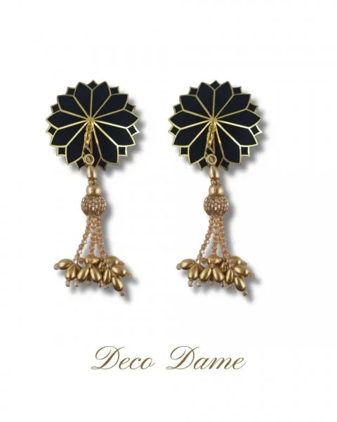 Dita – Deco Dame Velvet and Gold Pasties with Removable Hand-Beaded Tassels – Black – 2.5″