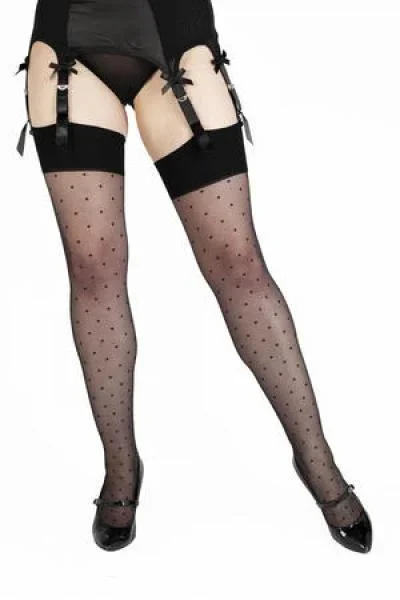 Dotty Seamed Stockings with Bow – Black –