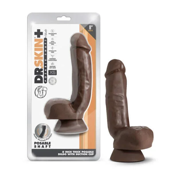 Dr. Skin Plus 8 inches Thick Dildo with Squeezable Balls Chocolate Dark Brown