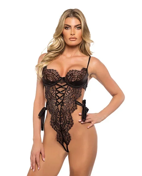 Dreamer’s Lust Scalloped Eyelash Lace and Satin Crotchless Teddy – Black SM