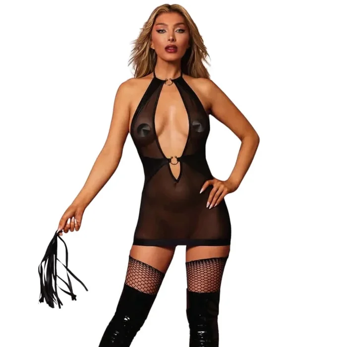 Dreamgirl Fetish Garter Slip and Flogger Black O/S