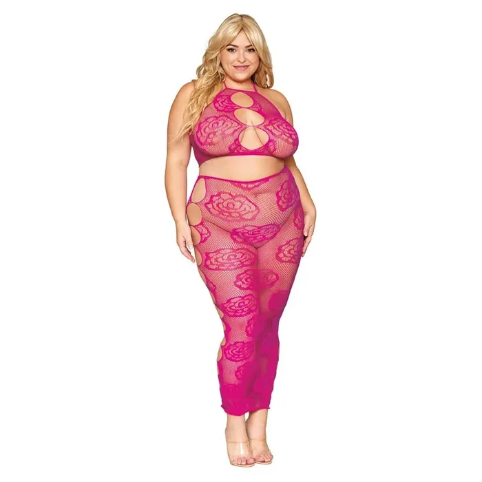 Dreamgirl Seamless Bralette and Long Skirt Set with Knitted Large Rose and Fishnet Pattern