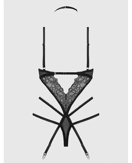 Eden Embroidered Lace & Mesh Teddy w/Garters – Black XL
