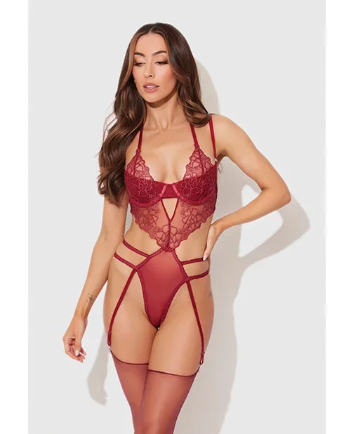 Eden Embroidered Lace & Mesh Teddy w/Garters – Dark Red SM