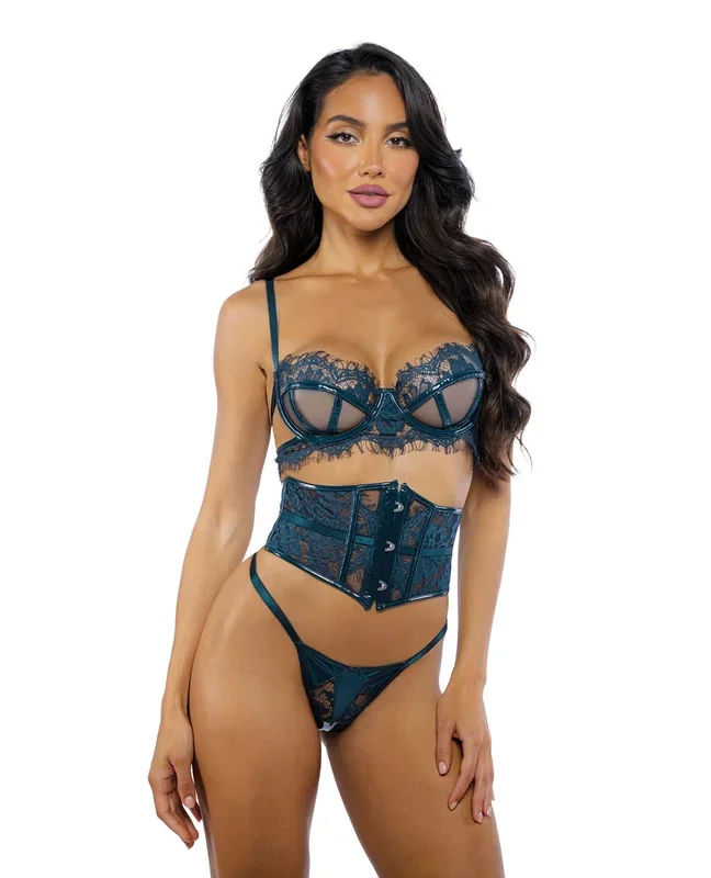 Eden Scalloped Eyelash Lace & Wet Look Waspie 3 pc Set – Teal