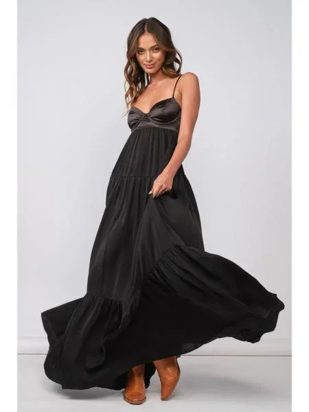 Elegant Silky Sleeveless Bra Top Maxi Dress – Black –