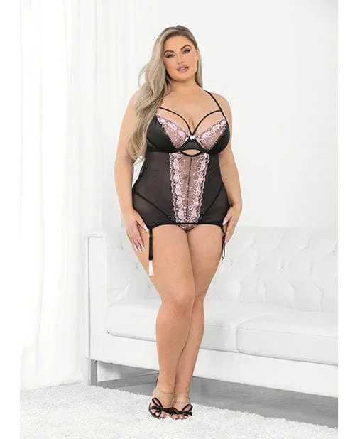 Embroidered Hearts Lace & Mesh Bustier Black / pink