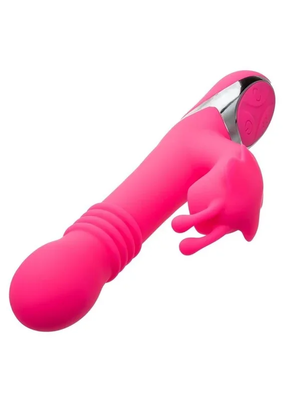Enchanted Kissing Butterfly Rechargeable Silicone Thrusting and Rotating Vibrator with Clitoral Stimulator – Pink