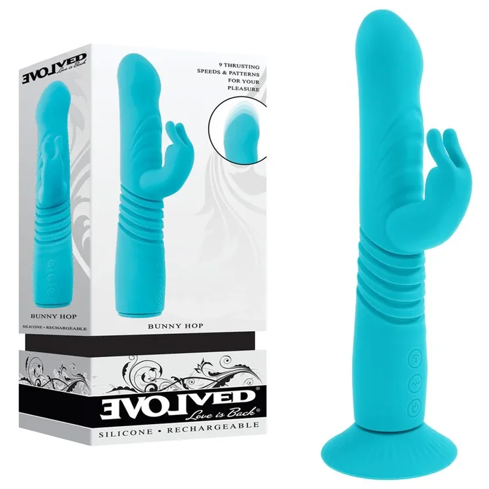 Evolved BUNNY HOP – Teal 25.1 cm USB Rechargeable Thrusting Rabbit Vibrator with Suction Base